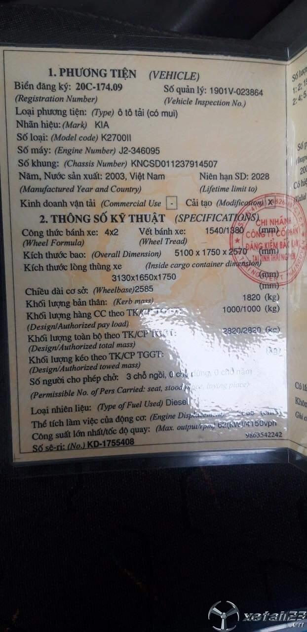 Thanh lý gấp xe Kia K2700 đời 2003 thùng mui bạt, giá 95 triệu